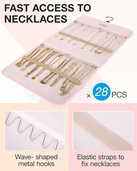 BAGSMART Hanging Jewelry Organizer Storage Roll with Hanger Metal Hooks Double-Sided Jewelry Holder for Earrings, Necklaces, Rings on Closet, Wall, Door, 1 piece, Medium, Pink