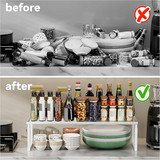Shelf Organizer Stackable 1 Pack: Expandable (15.8"-25.5") Spice Rack Height Adjustable(6.2"/7.3"/8.5") Kitchen Organizer Countertop Metal Shelves for Pantry Storage White