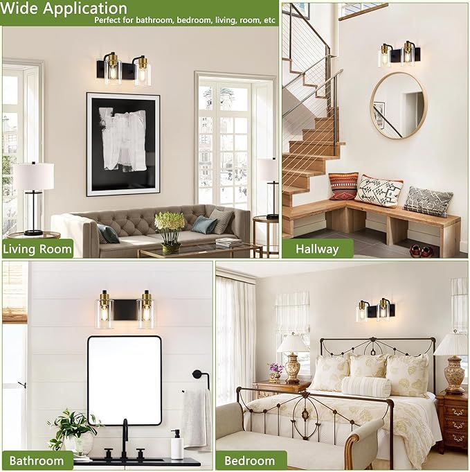 Bathroom Light Fixtures, Matte Black and Gold 2-Light Bathroom Lights Over Mirror with Clear Glass Shade,Wall Sconces for Bathroom