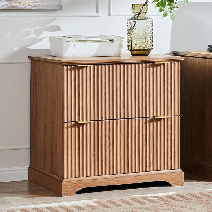 2 Drawer File Cabinet With Charging Station, 30" Fluted Lateral File Cabinet w/Files Hanging Rod for Letter/Legal/A4, Large Tabletop for Printer, Office Wood Printer Cabinets, Dark Chestnut Wood