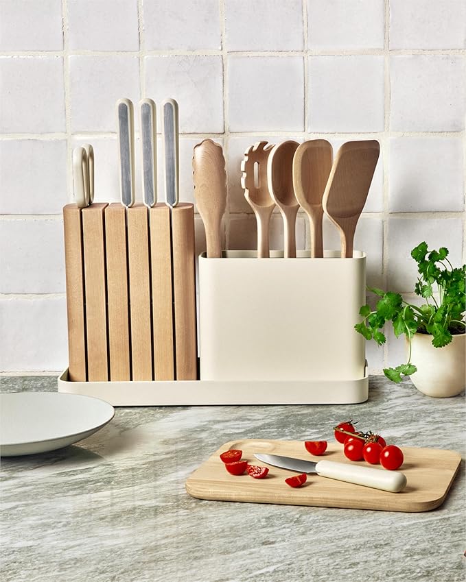Caraway 14-Piece Kitchen Prep Set - Kitchen Knife Set & Wooden Utensil Set - Made With Premium German Steel Blades & FSC-Certified Birch Wood - Non-Toxic Materials - Includes Organizer - Cream