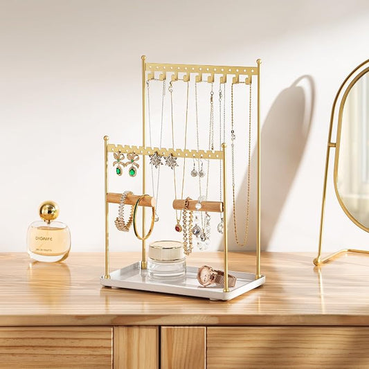 3 Tier Gold Jewelry Stand, Necklace Organizer, Earring Holder with 44 Holes and 9 Hooks, for Necklaces, Bracelets, Rings