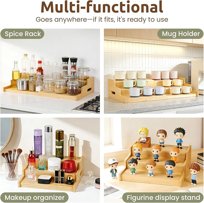 3-Tier Expandable Bamboo Mug Holder for Countertop Coffee Cup Holder Display Mug Organizer Mug Rack for Coffee Bar Organizer Mug Shelf for Cabinet for Kitchen, Home, No Assembly