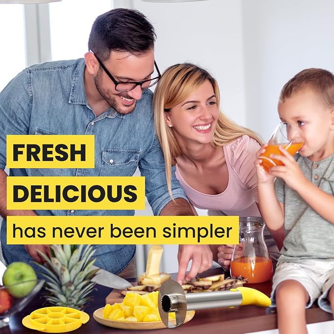 CUNSENR Premium Pineapple Corer and Slicer Tool - Pineapple Cutter with Sharp Serrated Tips - Easy to Use & Clean - Stainless Steel Core Remover for Pineapple - Slice and Core Fruits with Ease(Yellow)