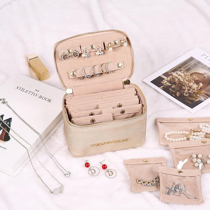Angelina's Palace Snakeskin Pattern Jewelry Organizer Case Bridesmaid Gifts Travel Bag Vegan Leather Box for Necklace Earring Bracelet Ring(Champagne)