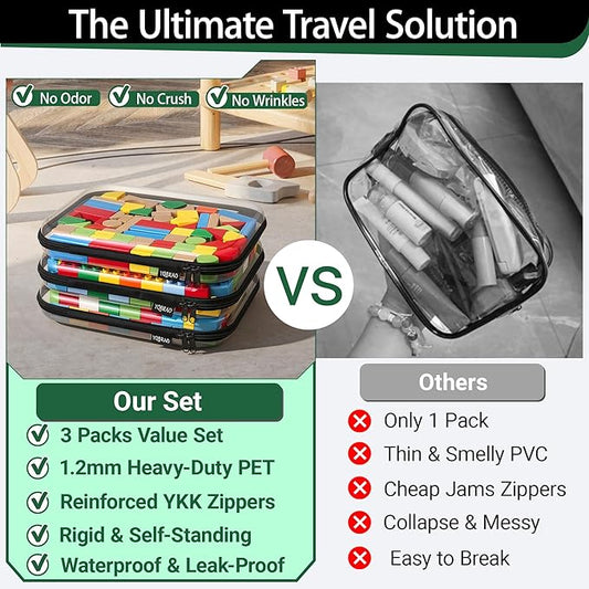 YQBRAO 3-Pack Large Clear Hard Shell Zipper Case, 1.2mm Rigid Toy & Cosmetic Bags, Heavy-Duty Diaper Bag Pouch Set with YKK Zippers, Waterproof Travel & Makeup Organizer (Black)