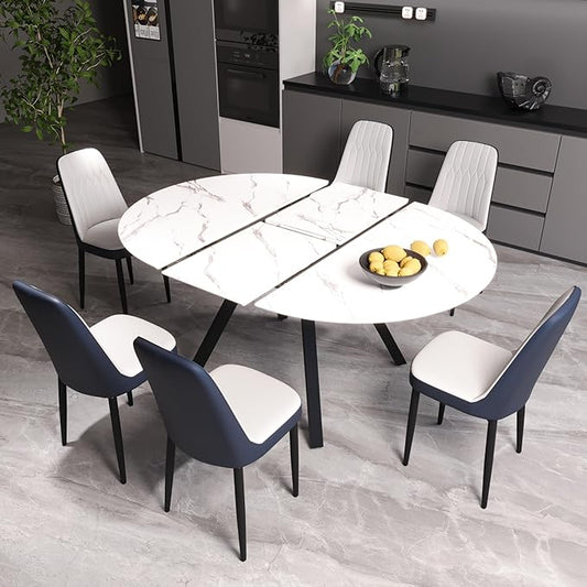 Extendable Round Dining Table Set for 6, 7 piece Dining Table Set with 47-63" Extendable Table and 6 Upholstered Chairs, Modern Sturdy MDF Kitchen Table Set for Small Spaces, Dining Room and Office