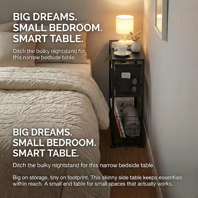 Skinny Side Table with Storage, 3 Tier Slim Side Tables for Small Spaces, Skinny End Table Narrow Bedside Table Narrow Side Table for Living Room, Bedroom
