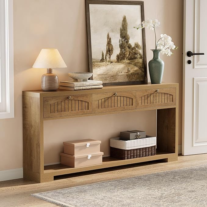 LITTLE TREE 70.8-Inch Long Console Table with 3 Drawers, Farmhouse Narrow Entryway Table for Hallway, Entry, Behind Couch, Sofa, Entrance, Living Room, Foyer with 2-Tier Shelves, Light Brown