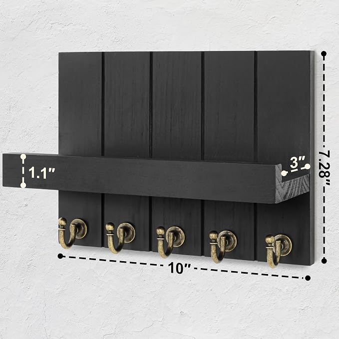 Rebee Vision Farmhouse Key Holder Wall Mount - Modern Key Holder for Living Room and Mail Organizer with Shelf & Hooks for Apartment Essentials - Home Decor Aesthetic (Black, 3.54"D x 10"W x 7.28"H)