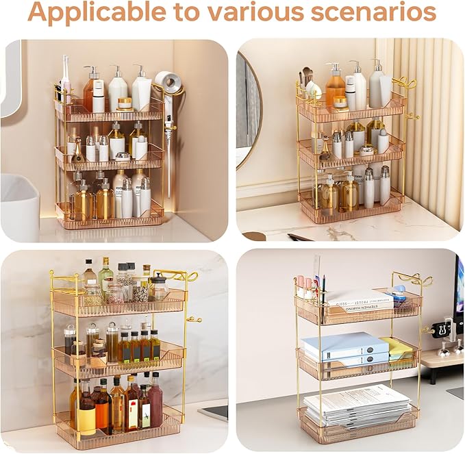 Bathroom Counter Organizer with Hair Dryer Holder and Toothbrush Holder, Acrylic Vanity Tray for Skincare, Perfume, Makeup Storage on Countertop & Dresser (Amber, 3-Tier)