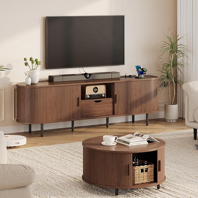69" Mid-Century TV Stand with Power Outlet, Fluted Entertainment Center with Storage Drawer, TV Console with Sliding Door and Adjustable Shelves, TV Stand up to 80" for Living Room, Bedroom, Walnut