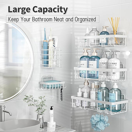 Liuoud 5 Pack Shower Caddy Organizer Rack Shelf for Inside Shower, Self Adhesive Wall Storage Basket Rustproof Stainless Steel Shampoo Holder Bathroom Accessory Decor Set, White