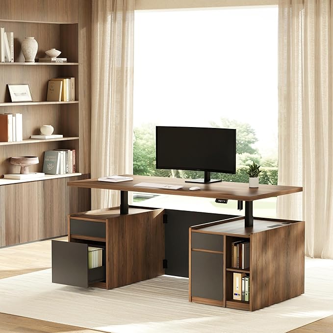 Executive Standing Desk with Drawers & Storage, 71'' Adjustable Electric Stand Up Wood Desk with Privacy Panel, AC/USB, File Cabinet, Large One-Piece Destop for Home Office, Black Walnut
