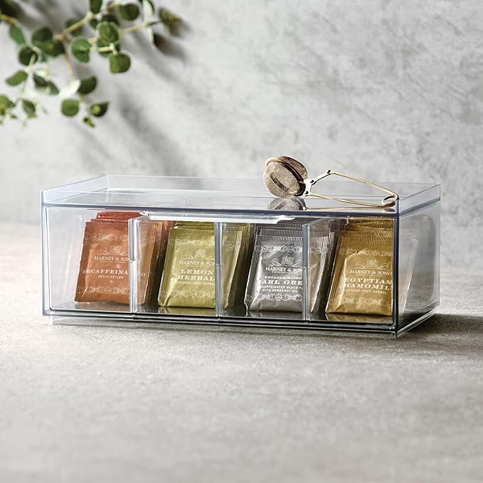 iDesign XL Tea Bag Organizer for Counter, 4-Section Clear Stackable Tea Storage Drawer for Cabinet, 2-Pack
