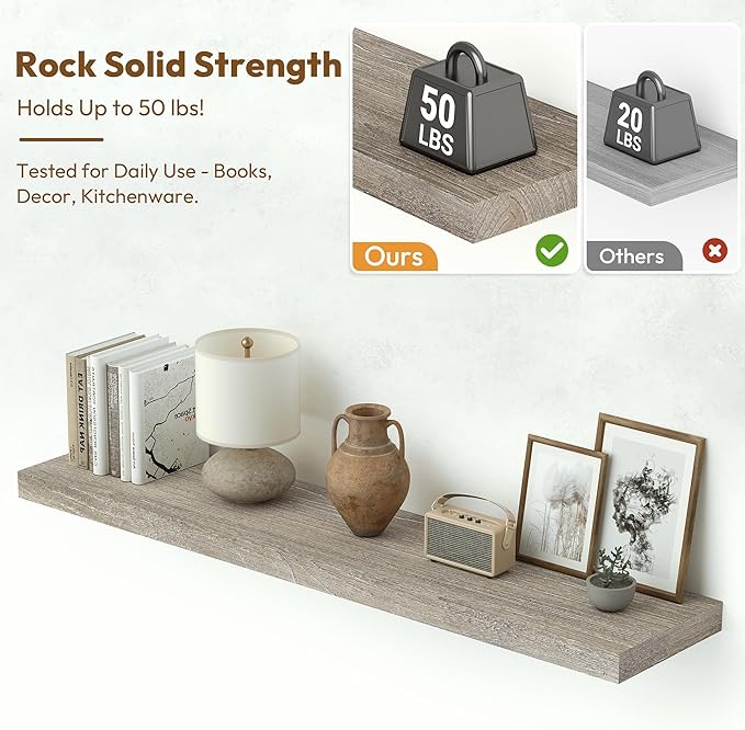 Vivelove Solid Wood Floating Shelves Set of 2, Elm Wood Wall Shelf with Invisible Bracket for Living Room Bedroom Bathroom Office, Rustic Farmhouse Decor Storage & Display, 36 inch - Grey