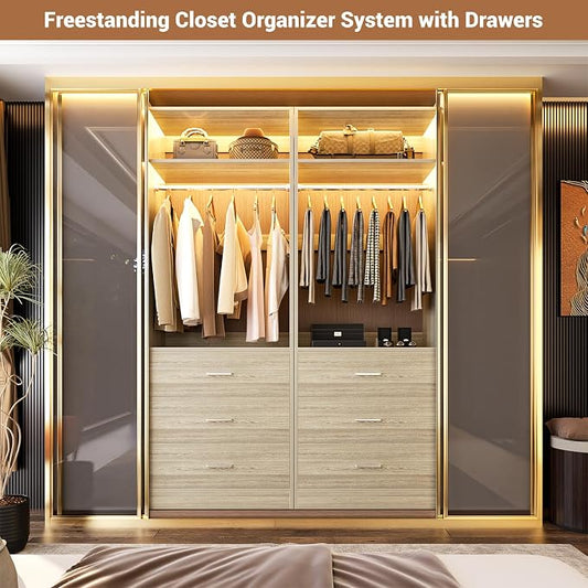 Besiost Closet System Set of 2, 4FT Closet Systems with 6 Wood Drawers, 48" Closet Organizer System with 2 Hanging Rods & 2 Shelves, Heavy Duty 48 Inch Walk-in Closet, White Oak (48"L x 15" W x 80" H)