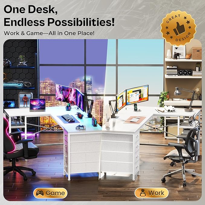 Huuger 63 Inch L Shaped Desk with Fabric Drawers, Reversible Computer Gaming Desk with Power Outlets and USB-C Port, Adjustable Side Storage Shelves, for Work Study Corner Home Office, White