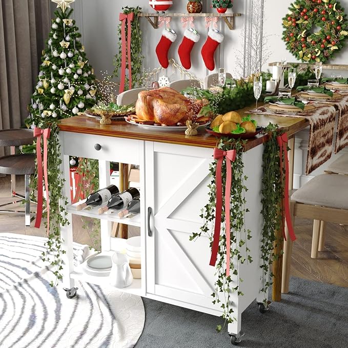 4 EVER WINNER Small Kitchen Island with Storage, Kitchen Island on Wheels with Wine Rack, Coffee Cart, Microwave Cart for Kitchen,Dining Room,White
