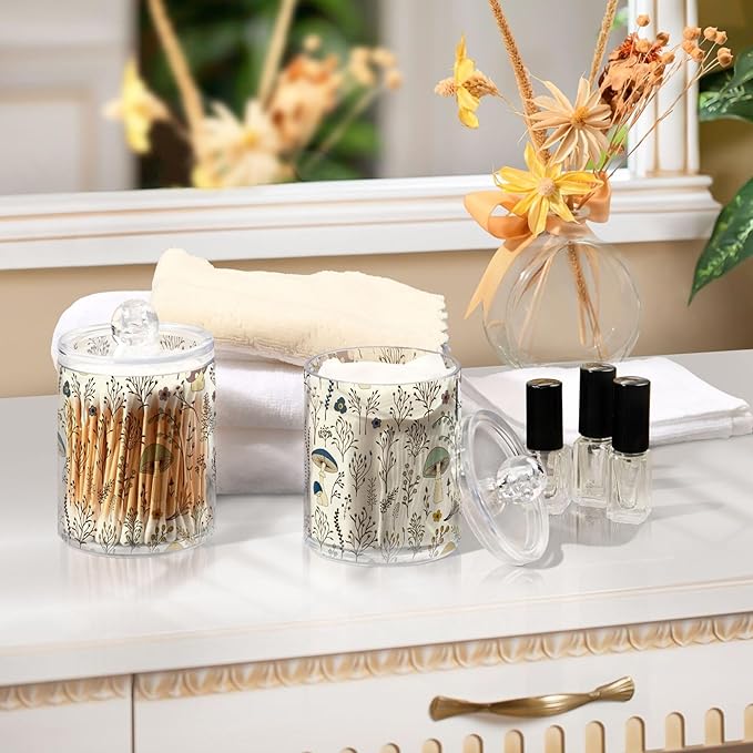 xigua Mushroom Qtip Holder with Lid,2Pack Clear Plastic Apothecary Jars Bathroom Storage Containers for Cotton Swab,Cotton Ball,Floss Picks,Tea,Coffee