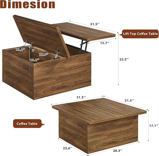 HUAHUU 31.5" Lift Top Coffee Table, 4 in 1 Square Coffee Table with Storage, Center Table with Lifting Top & Large Hidden Storage Compartment for Living Room, Home Office, Walnut