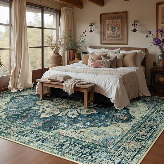 RELEANY Area Rugs 8'x10' Washable Non-Slip, Floral Vintage Distress Medallion Carpet for Living Room Bedroom Dining Room, Dark Blue Vintage