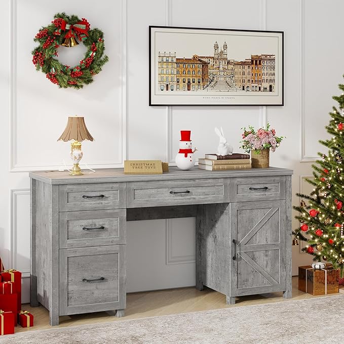 Vabches Farmhouse 61'' Executive Desk with 5 Drawers, Rustic Office Desk Computer Desk with Charging Station, File Drawers and Storage Cabinet, Wood Workstation for Home Office and Study,Grey.