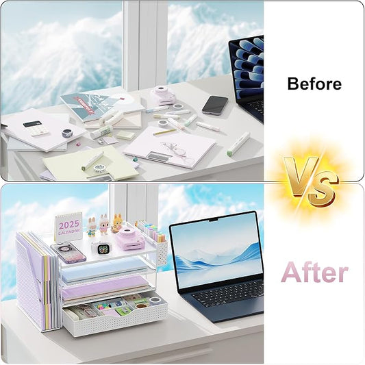 gianotter Wood Desk Organizers and Accessories with File Holder, 4-Tier Desk Accessories & Workspace Organizers with Drawer and Pen Holder, Desk Reference Organizer (White, 4T with Drawer)