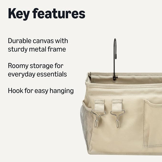 Amazon Basics Bedside Caddy Hanging Storage Organizer for Phone and Bedside Essentials, 4.72 x 14.57 x 7.87 in, Dark Grey Linen