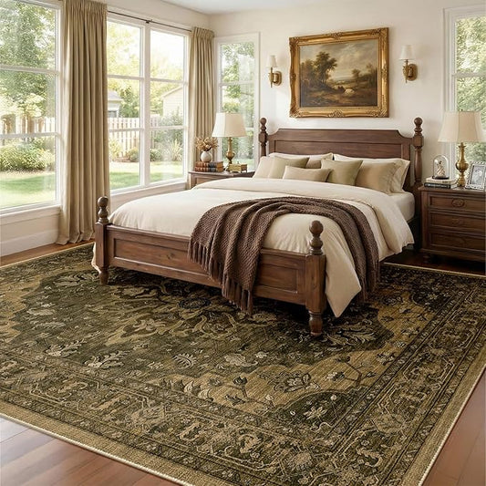 RELEANY Area Rugs Large 9'x12' Washable Non-Slip, Floral Vintage Distress Medallion Carpet for Living Room Bedroom Dining Room, Brown Dark Brown