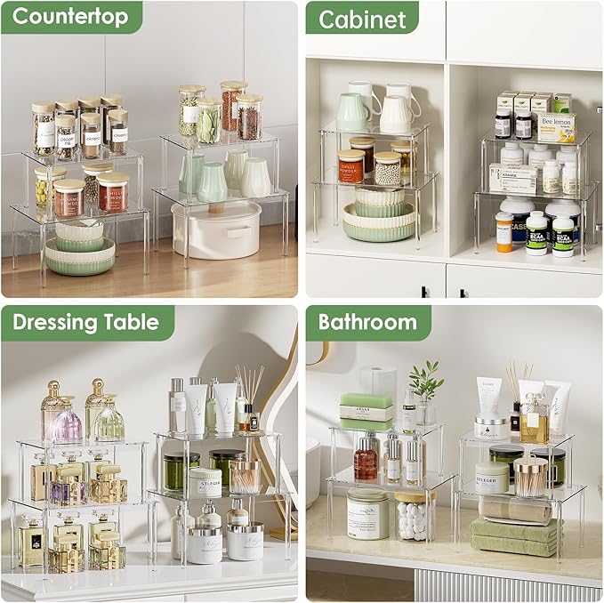 Delamu Cabinet Shelves, Clear Stackable Acrylic Storage Risers with Heavy Duty Support, Cabinet Organizer Shelf for Spices, Seasonings, Jars, Pantry, Kitchen Counter, Easy Assembly