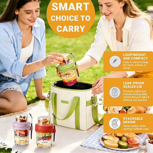 16+4 OZ Glass Mason Jars,Overnight Oats Containers with Lids and Spoon,Removable Independent Compartment,Large Capacity Airtight Jar for Milk,Fruit,Cereal,4 Pack(Purple/Green/White/Red)