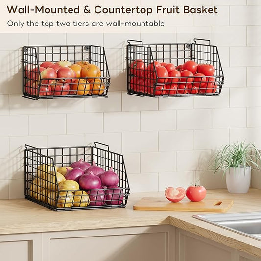 3-Tier Stackable Wire Baskets for Counter, Fruit and Vegetable Storage, Potato and Onion Storage Bin,Kitchen Pantry Organizer - Wall Basket for Produce/Snack/Can, Black
