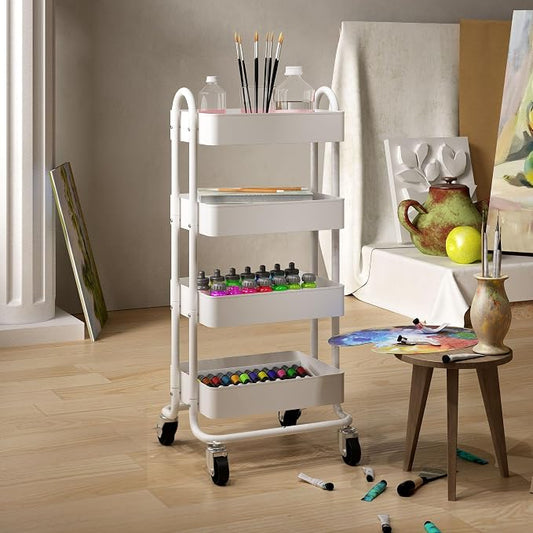 4 Tier Metal Rolling Cart with Wheels,4 Tier Utility Cart with Wheels for Office,Home,Kitchen,Garden(13.4"x18.1"x40") White