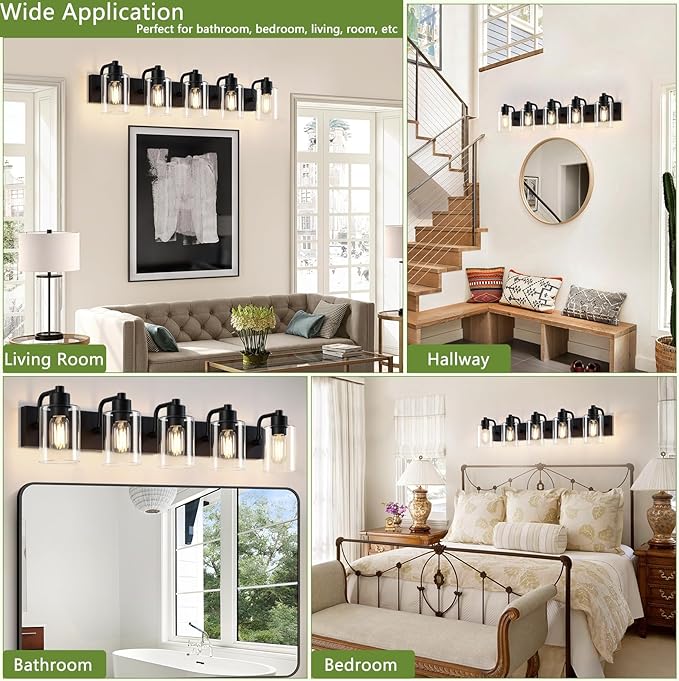 Matte Black Bathroom Light Fixtures,5-Light Bathroom Lights Over Mirror with Clear Glass Shade,Wall Sconces for Bathroom, Bedroom, Hallway