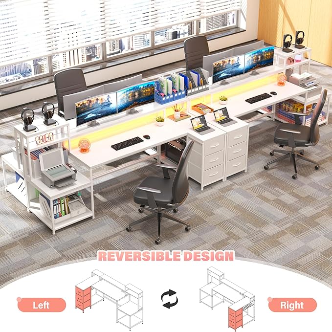 EnHomee 71" L Shaped Gaming Desk with LED Lights,White Computer Desk with Drawers and Printer Shelf,Power Outlet,Reversible Home Office Desks with Storage and Monitor Stand