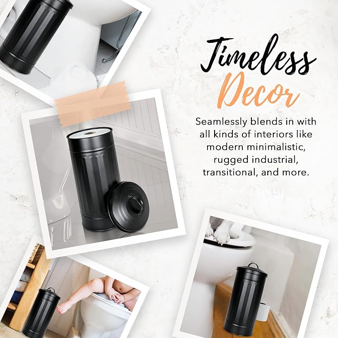 Autumn Alley Black Toilet Paper Holder Canister with Lid – Rustproof Free-Standing Farmhouse Metal Covered Toilet Paper Holder for Mega Rolls, Rustic Enclosed Toilet Paper Storage Stand