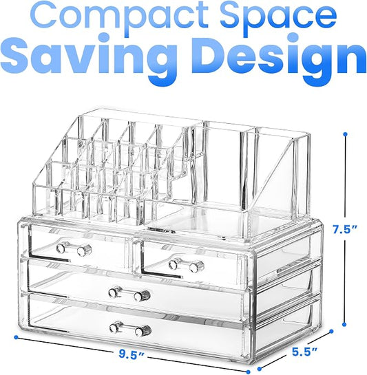 Masirs Clear Makeup Organizer - 16-Compartment Cosmetic and Jewelry Holder with 4 Drawers - Vanity Storage Box for Makeup, Skincare, Accessories, and Jewelry Display