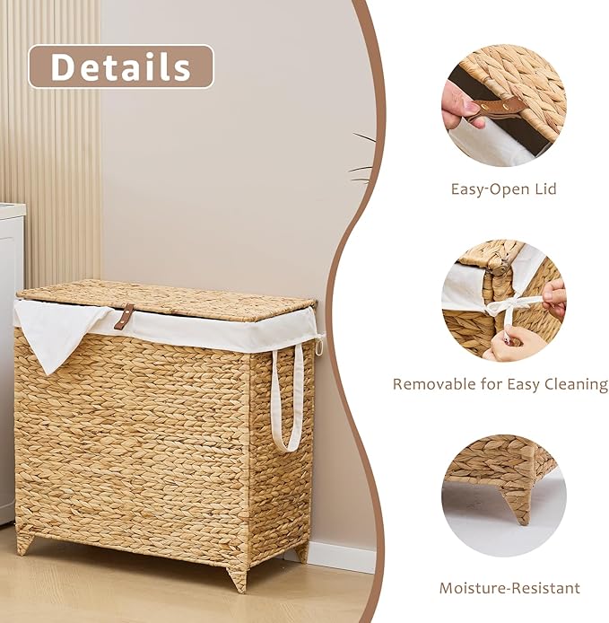 Laundry Hamper with Lid and Removable Liner Bag, Handwoven Natural Hyacinth Clothes Hamper with Heightened Feet, Wicker Laundry Basket for Clothes and Towels,Large, 2-sections