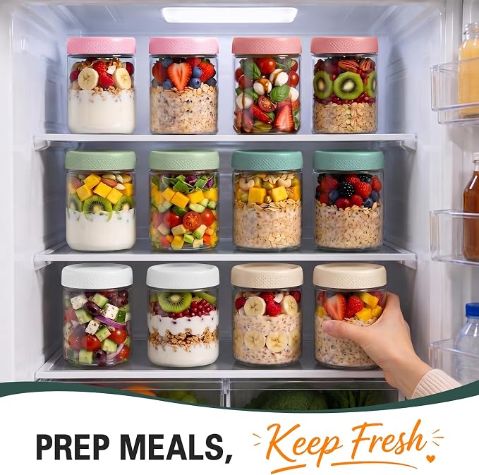 6 Pack Overnight Oats Containers with Lids, 16oz Wide Mouth Mason Jars, Glass Food Containers with Airtight Lids for Storage, Yogurt Bowls, Overnight Oats Jars for Meal Prep, Chia Pudding