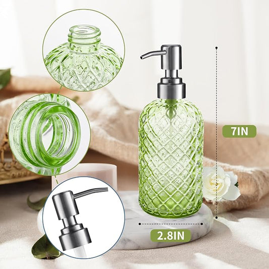 14 Oz Refillable Glass Soap Dispenser with Rust Proof Stainless Steel Pump, for Dispense Hand soap, Body wash, Lotion (Green)