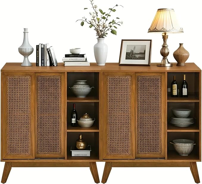 LKTART Mid Century Modern Storage Cabinet with Rattan Sliding Doors and Open Shelves, Boho Style Wooden Sideboard Buffet for Living Room,Light Walnut