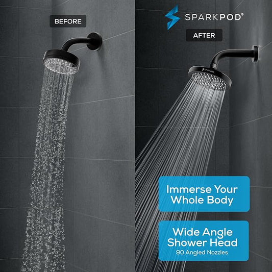 SparkPod Rain Shower Head, 6 Inch Round | High Pressure Shower Heads, 90 Nozzle (Touch-to-Clean), Adjustable Showerhead, No-tool Universal Connection