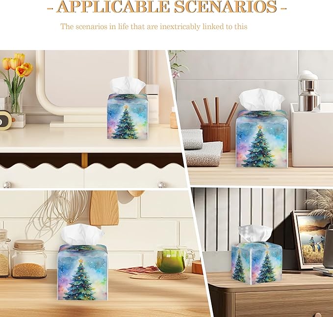 Tissue Box Cover,Christmas Tree Tissue Box Holder Waterproof Leather Facial Paper Organizer Dispenser for Bathroom Home Car Nightstand Vanity