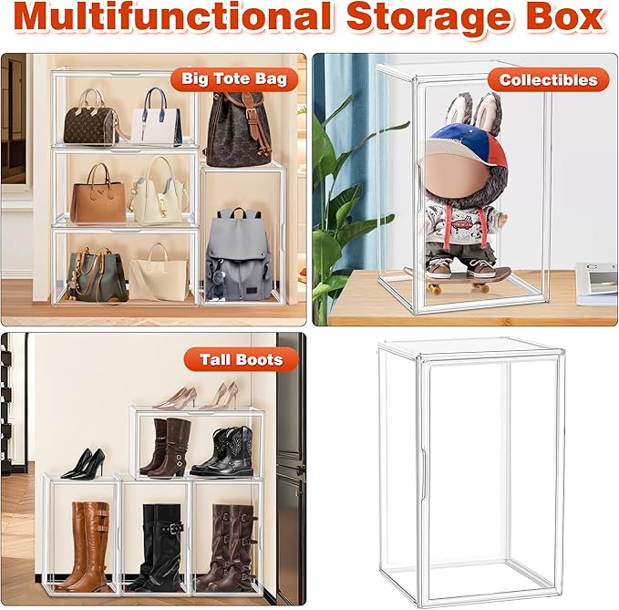 23.6'' Tall Acrylic Display Case XXXXX-Large Purse Handbag Organizer 13.8''x 12.2''x 23.6'' Clear Tall Boot Totes Storage Box Transparent Huge Figure Collectibles Showcase with Magnetic Lid