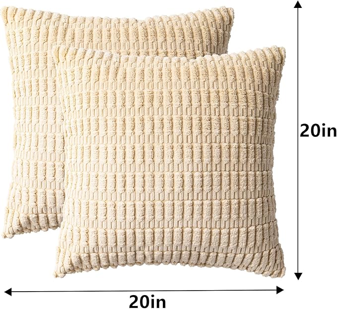 Aegero Pack of 2 Corduroy Decorative Throw Pillow Covers 20x20 InchSoft Boho Striped Pillow Covers Modern Farmhouse Home Decor for Sofa Living Room Couch Bed(Beige)