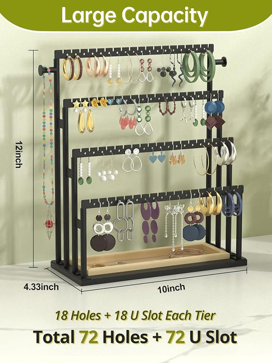 Earring Holder Organizer, 4-Tier Metal Jewelry Display Stand with Wooden Storage Organizer, Large Earring Holder for Studs, Hoops, and Dangles, Modern Jewelry Organizer for Women