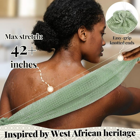 African Net Sponge Authentic-4 Packs African Exfoliating Net Sponge,Bath Sponges for Shower,42 inch Long for Normal to Sensitive Skin,Body Exfoliator Shower(Green,Olive Green,Light Gray,Black)