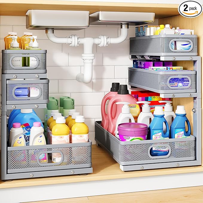 Under Sink Organizer, 2-Pack 3-Tier Thickened Metal Pull out Cabinet Organizer Shelf, Height Adjustable Slide out Storage Drawer Rack for Kitchen Bathroom Pantry Laundry Home Organization, Grey