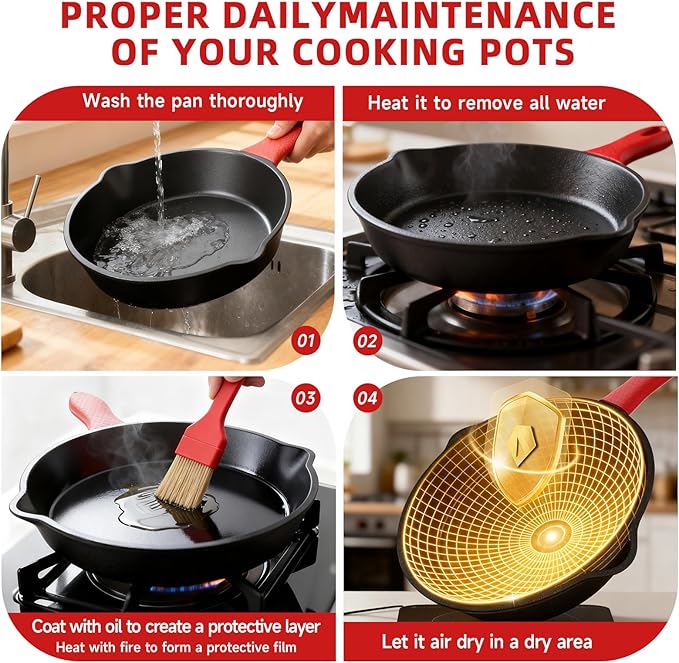3 piece set, cookware set 6, 8, 10 Inches, for frying, saute, &more, easy use in the oven, stove, grill, or campfire, black, with silicone heat-resistant cover